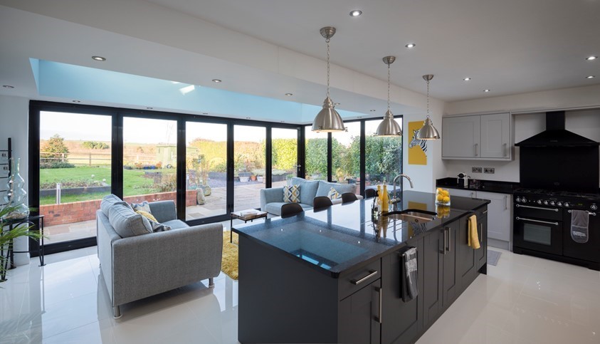 Origin corner bifold doors in a kitchen